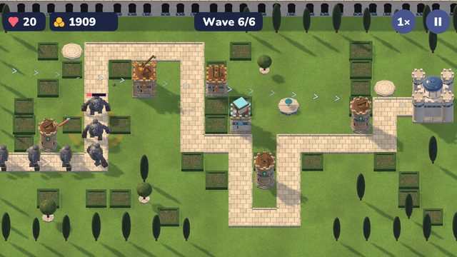 The Rose Gardens' final wave, towers firing at ghouls