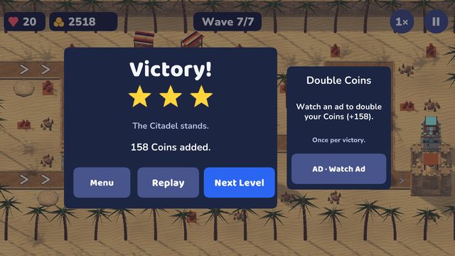 The Victory panel with three stars